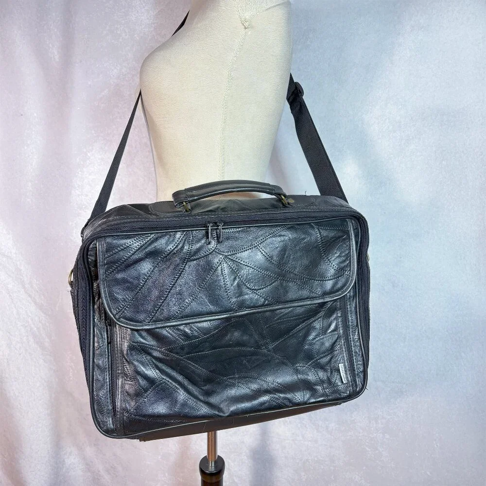 Genuine Leather Patchwork Laptop Bag Travel Office Briefcase Black